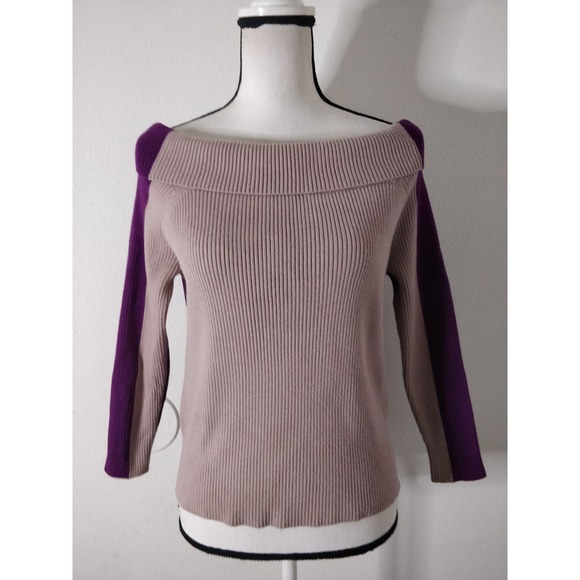 3/$15 Ava Tan Purple Colorblock Ribbed Knit Off Shoulder Sweater Women's Size S - Picture 1 of 10